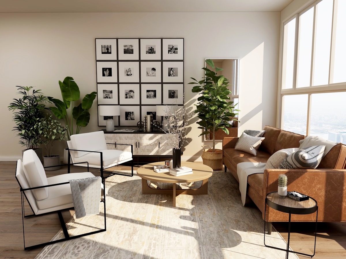 A calm living room with soft neutral tones.