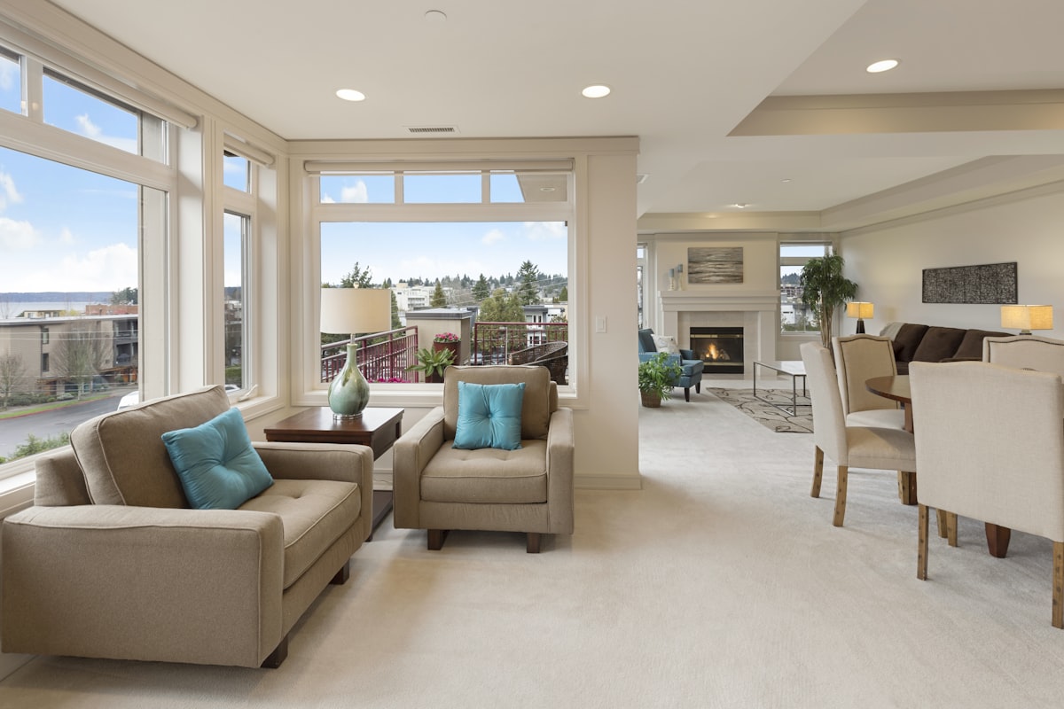 A bright living room with river views and a level floor.