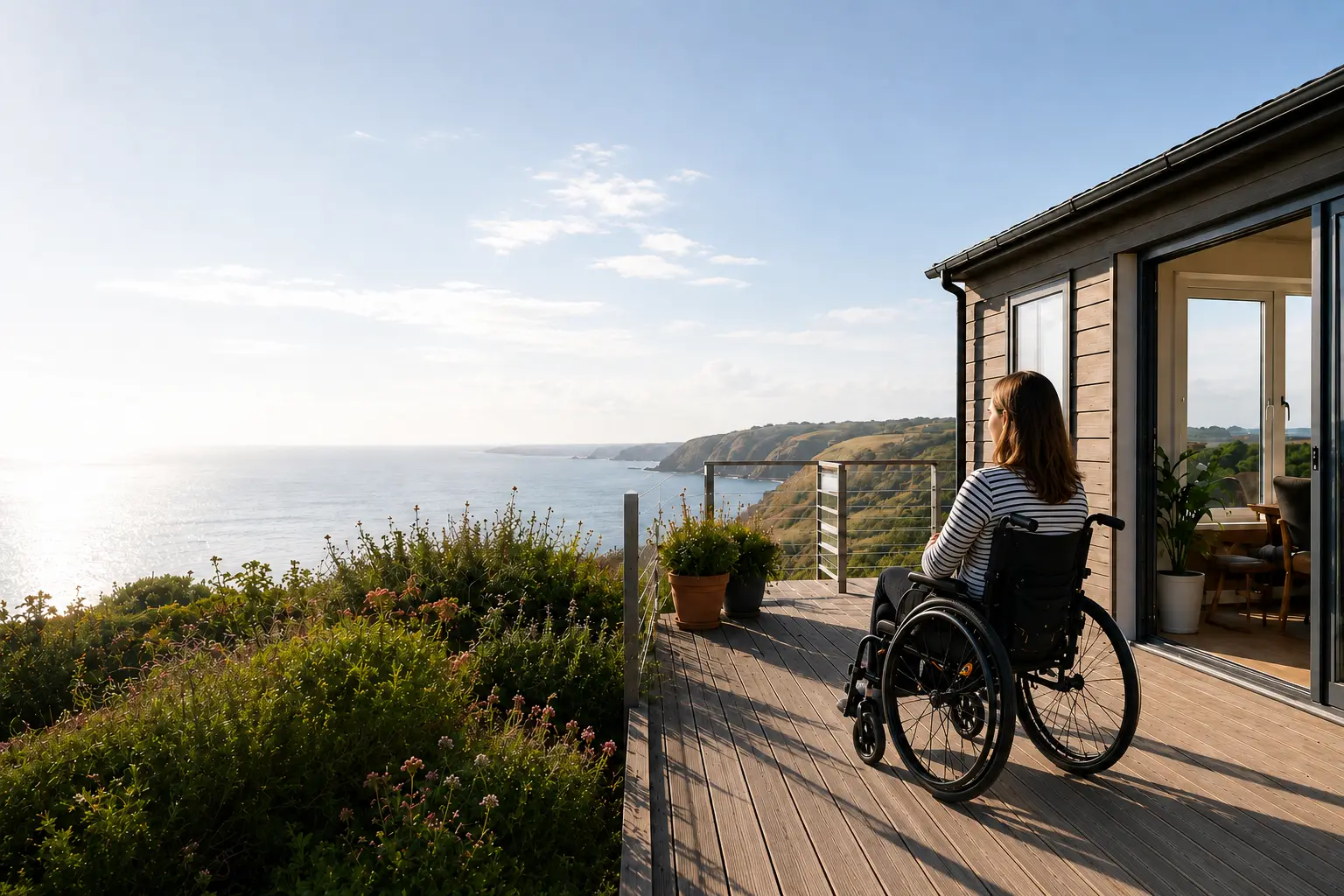 A woman using a wheelchair on a level, step-free timber deck outside a wooden coastal lodge, looking out over the sea at golden hour.