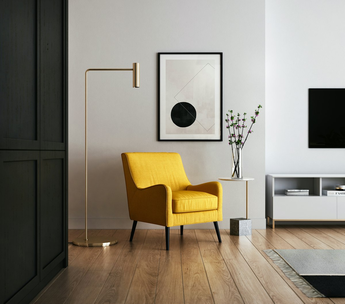 A living room with a flashing alarm beacon on the wall.